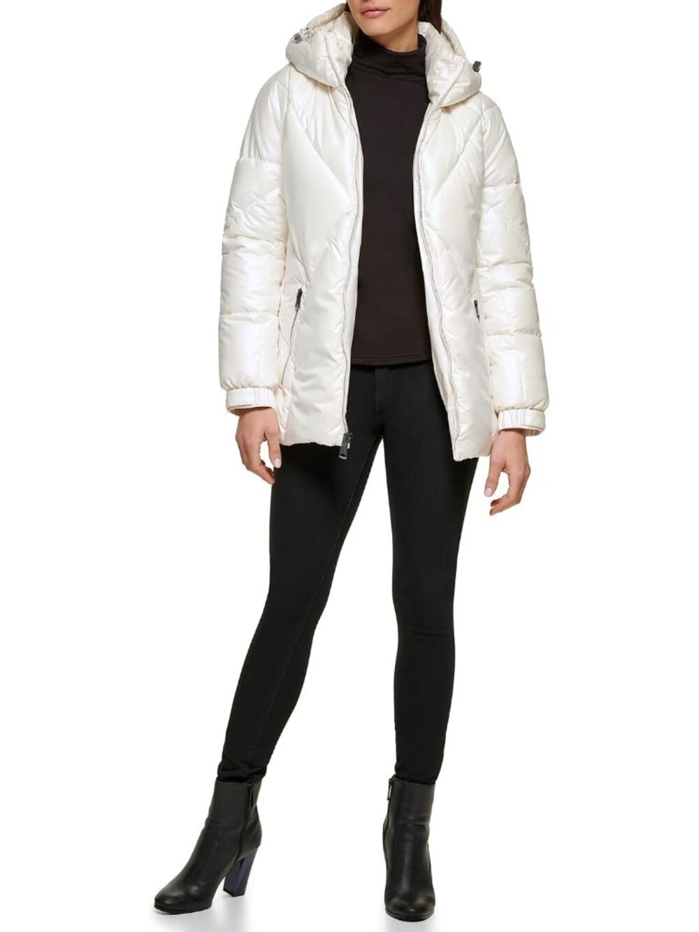Guess Women's Short Belted Ecr Midweight Imported Polyester Long Puffer Jackets